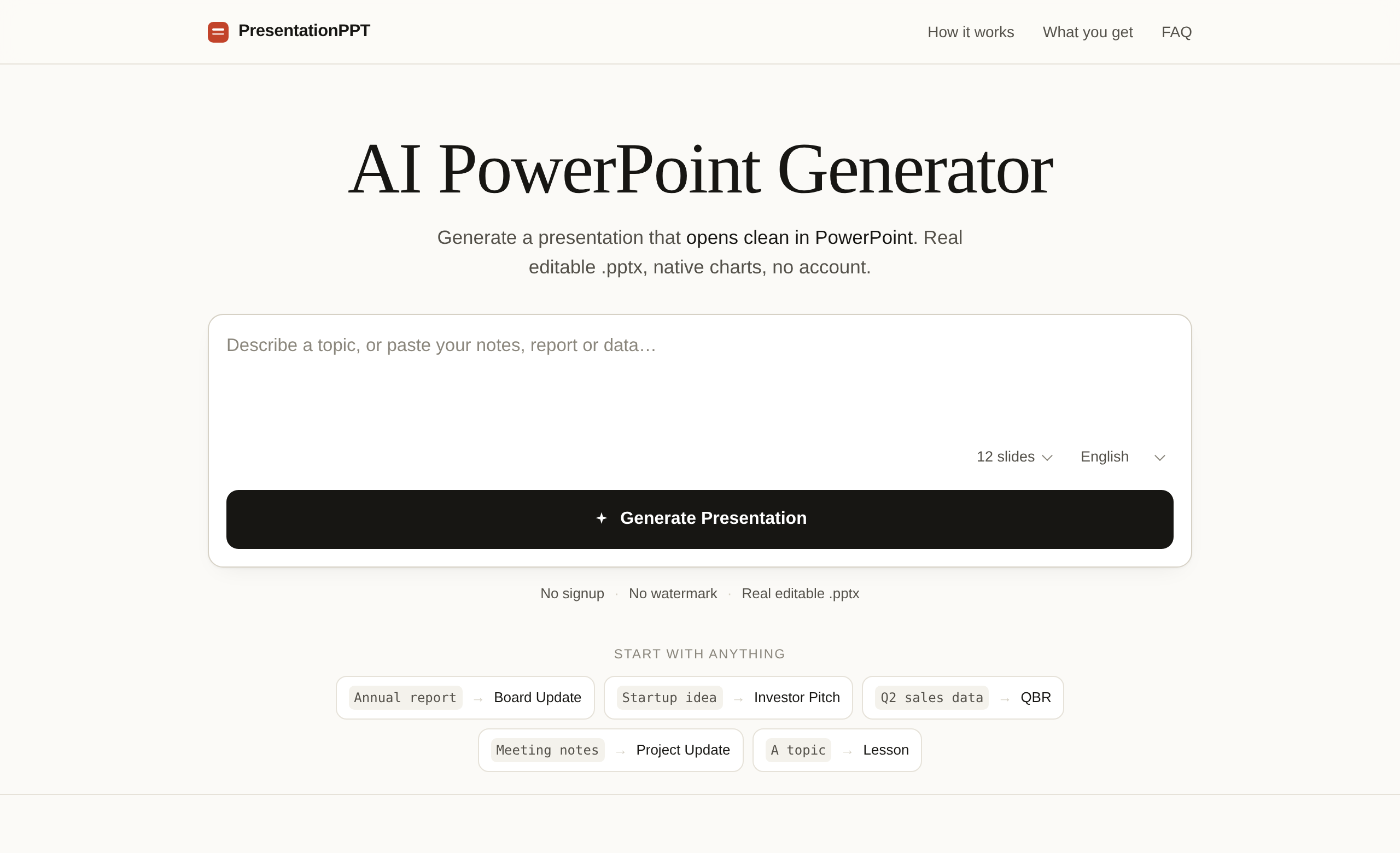 The PresentationPPT composer with an empty prompt box