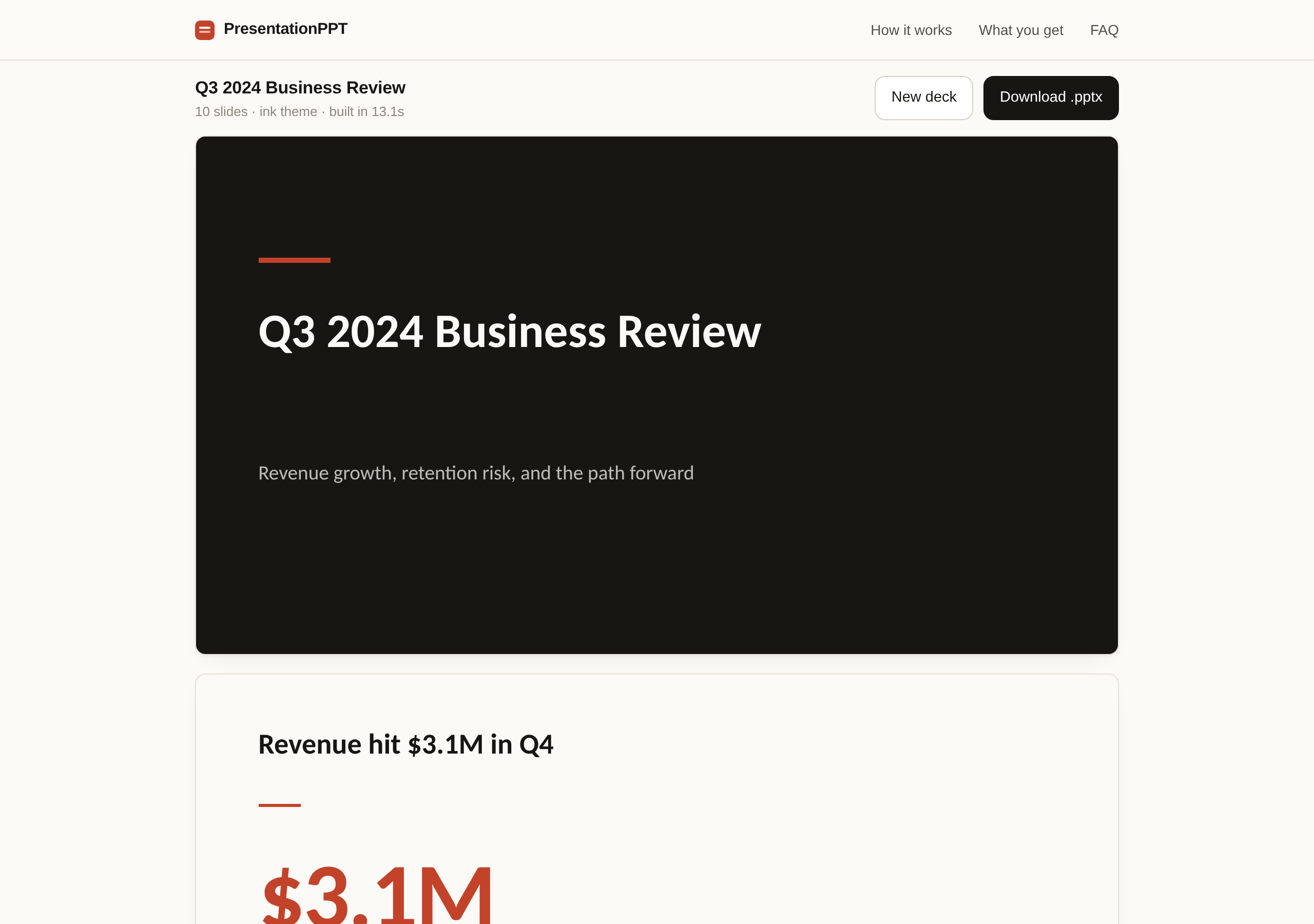 The result page showing the generated deck title and download button