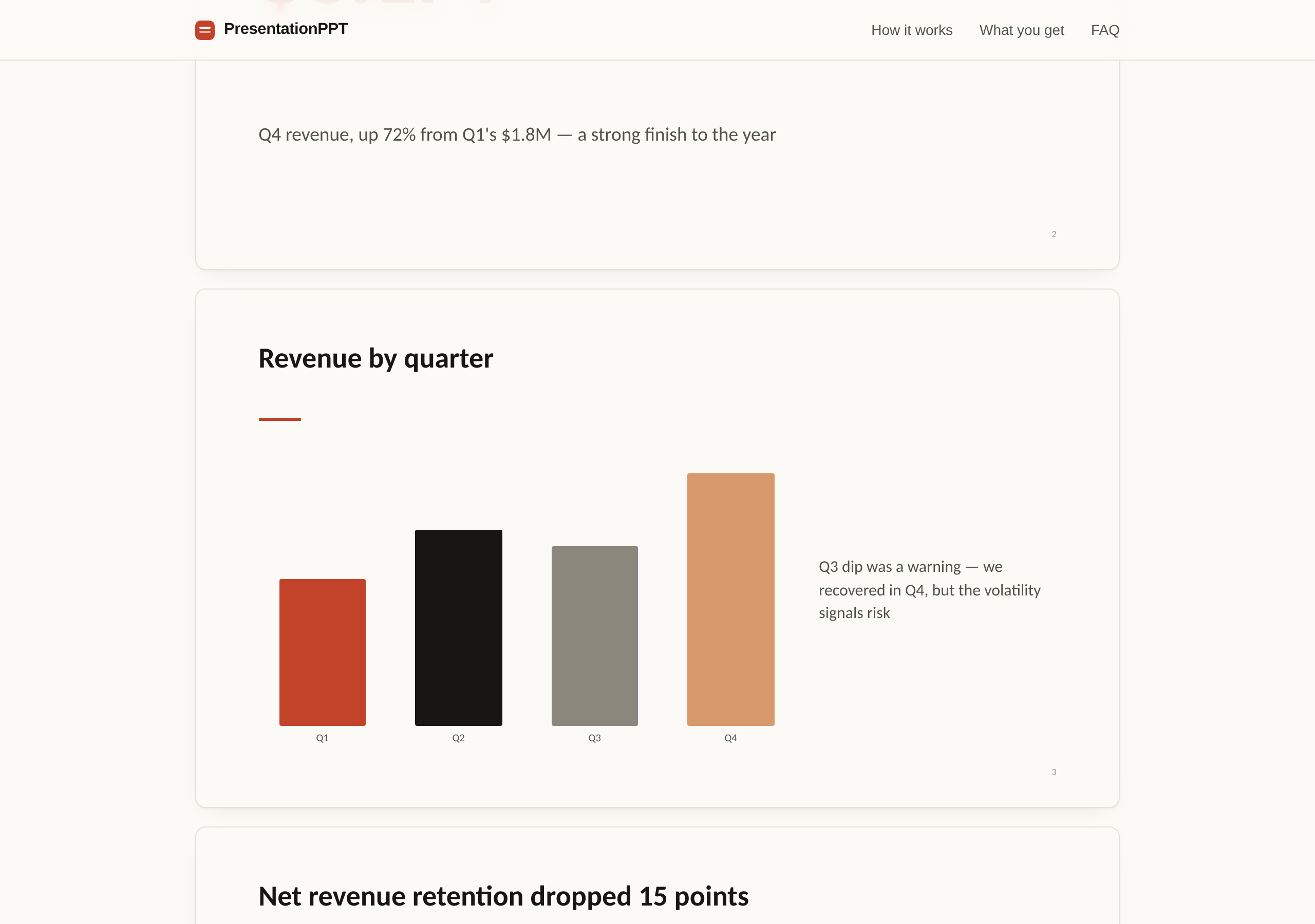 Generated slides including a native bar chart of revenue by quarter
